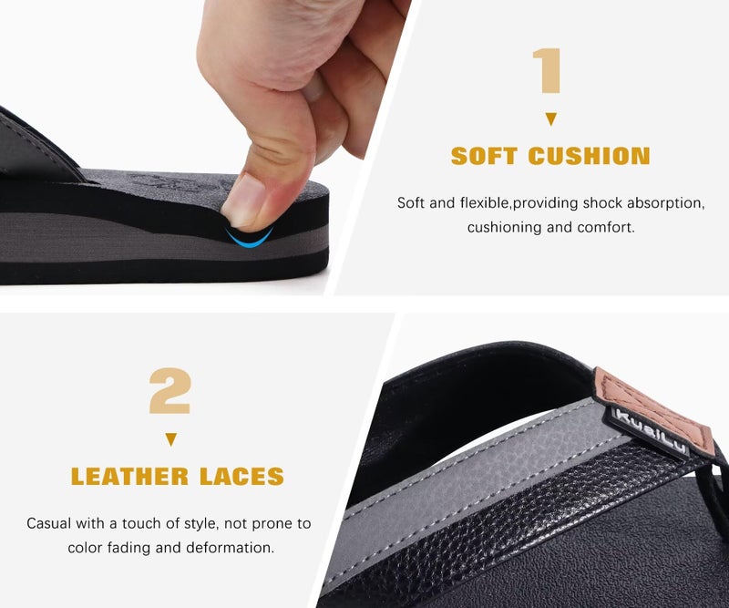 KuaiLu Men's Leather Flip Flops Arch Support Summer Beach Pool Water Thong Sandals Waterproof Rubber Walking Shoes Slip on Orthotic Casual Sport Cushioned Wide Slides Shower Slippers Black Size 12 - Image 5